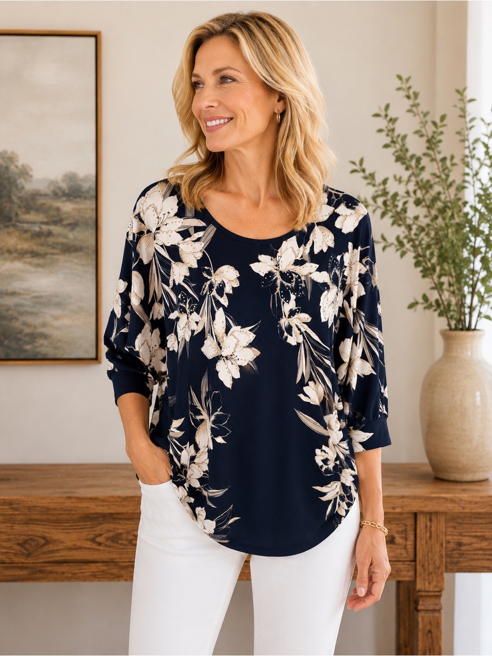JM Collection Navy Floral Blouse